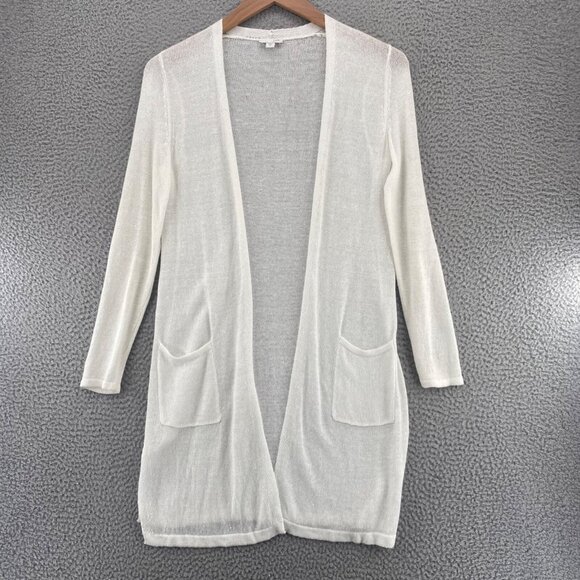 J Jill Sweater Womens Extra Small White Linen Blend Cardigan Open Front Pockets - Picture 1 of 10